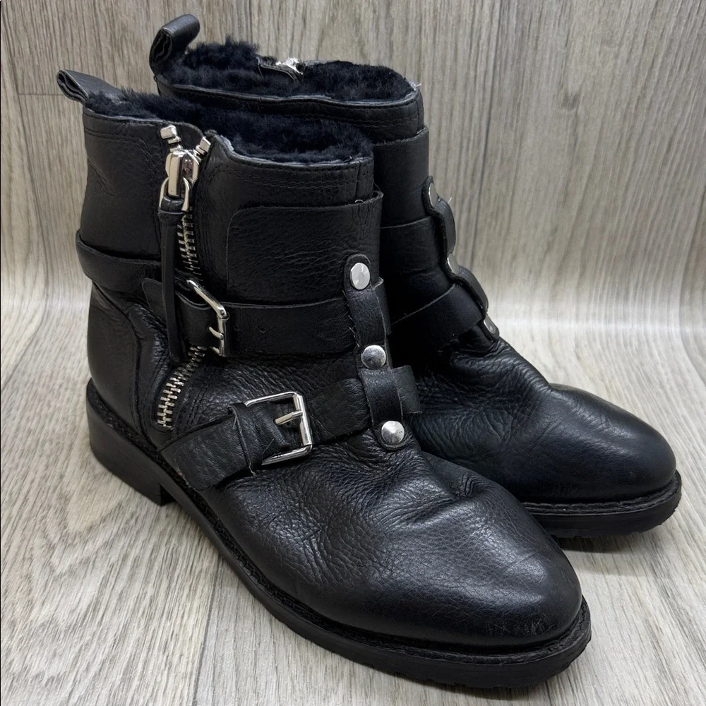 Rebecca Minkoff Women Griffin Moto Boots Black leather Bukle Zip